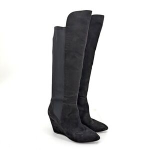 Charles David Womens Black Suede Stretch Over The Knee Wedge Boots 7.5